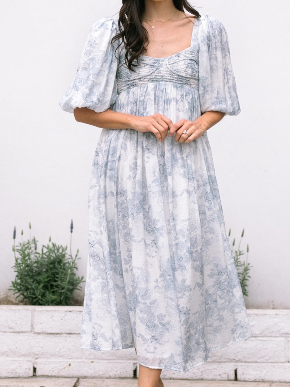 Blue Floral Midi Dress with Puff Sleeves